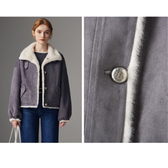 Two-in-One Gray Suede Reversible Short Coat - Picture 9 of 9